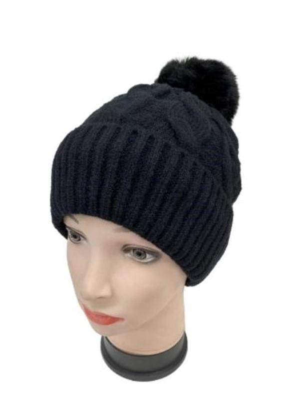Fur Lining Hats With Pom Pom Beanie Women's Big Girls Cable Design Hats