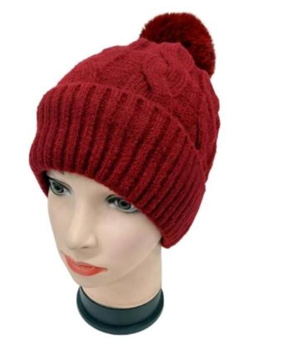 Fur Lining Hats With Pom Pom Beanie Women's Big Girls Cable Design Hats