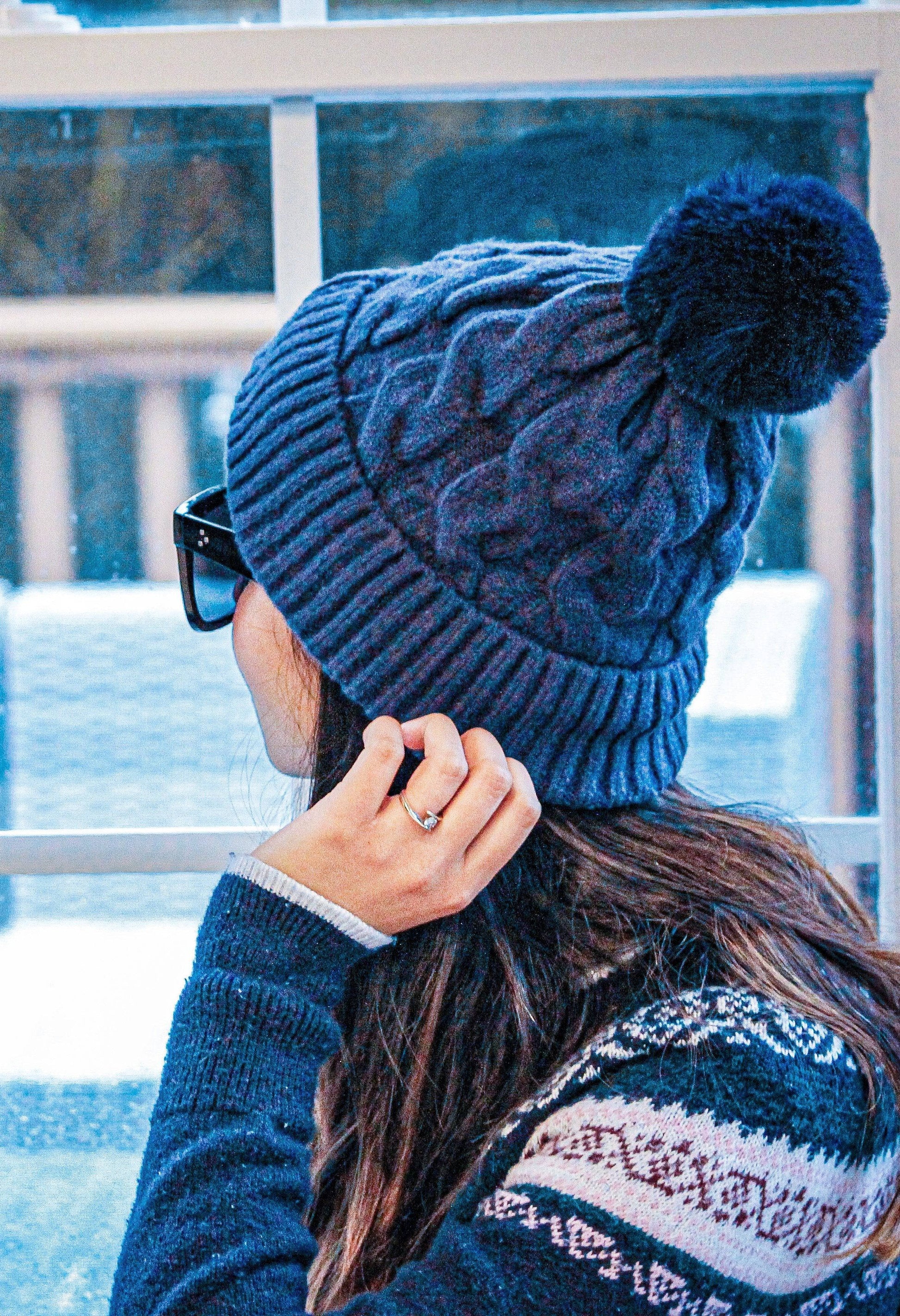 Fur Lining Hats With Pom Pom Beanie Women's Big Girls Cable Design Hats