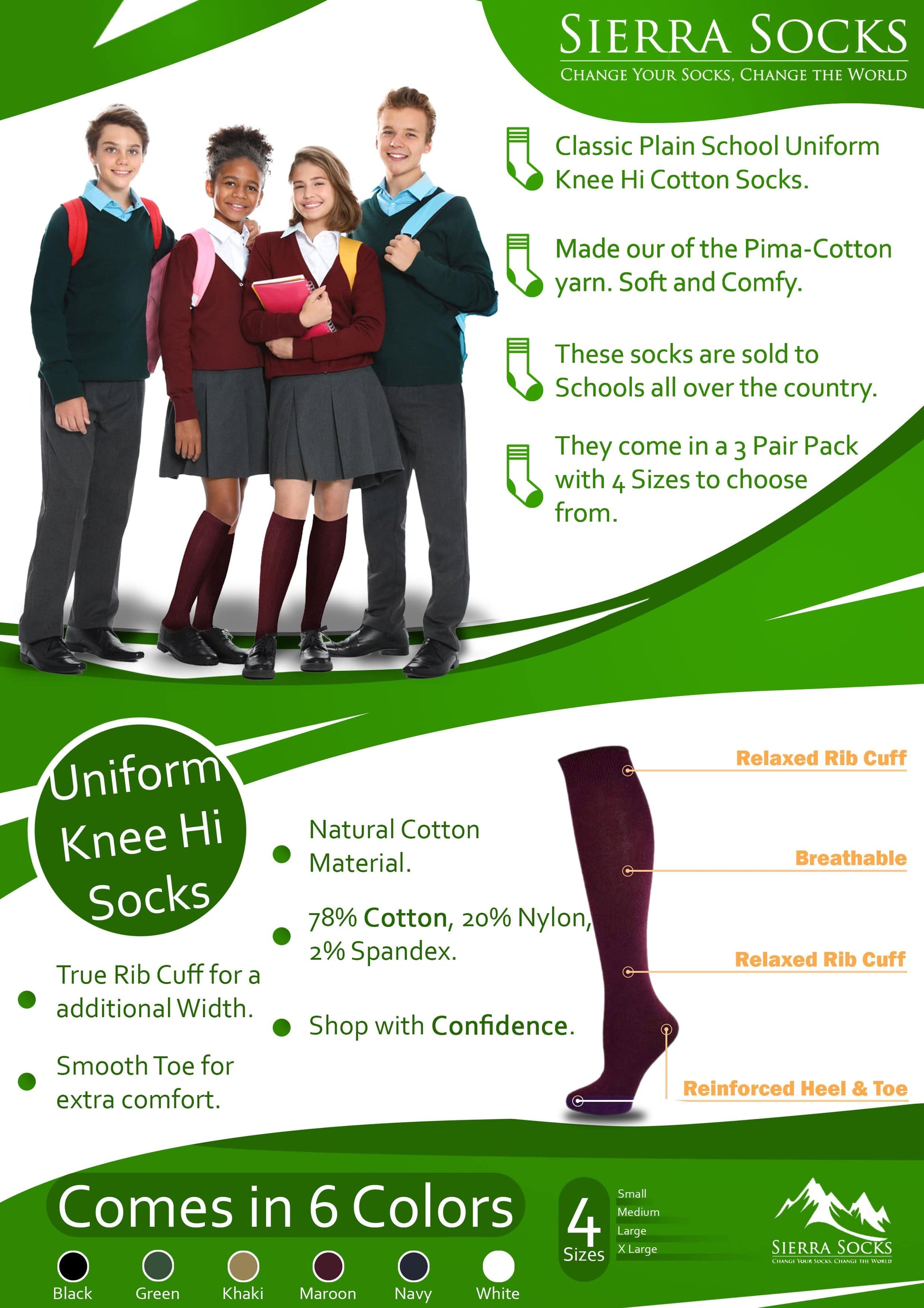 Classic Flat Knit Combed Cotton Knee High Socks 3 pair pack G7200