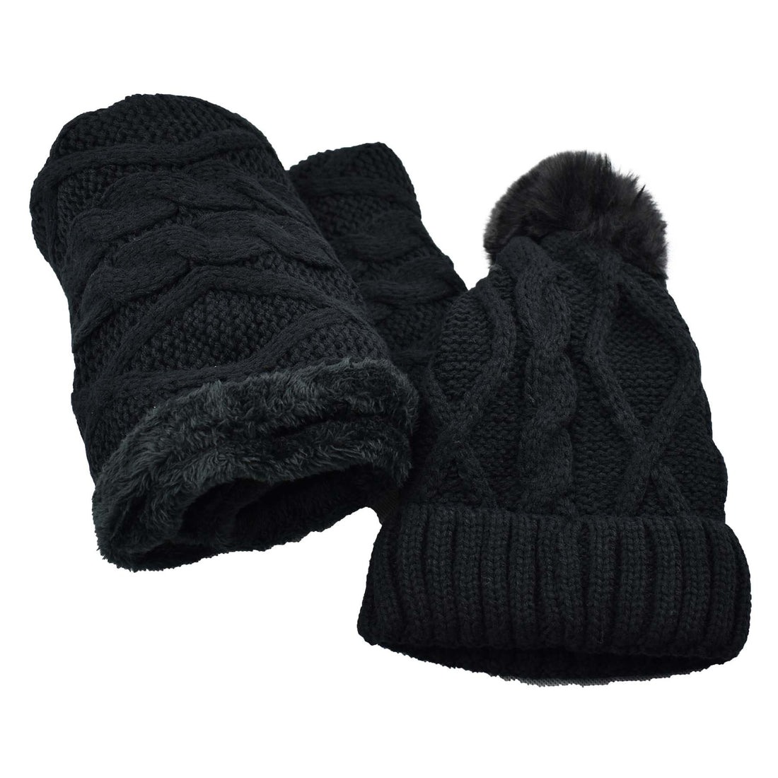 Fur Lined Beanie Pom Pom Hat and Scarf Set