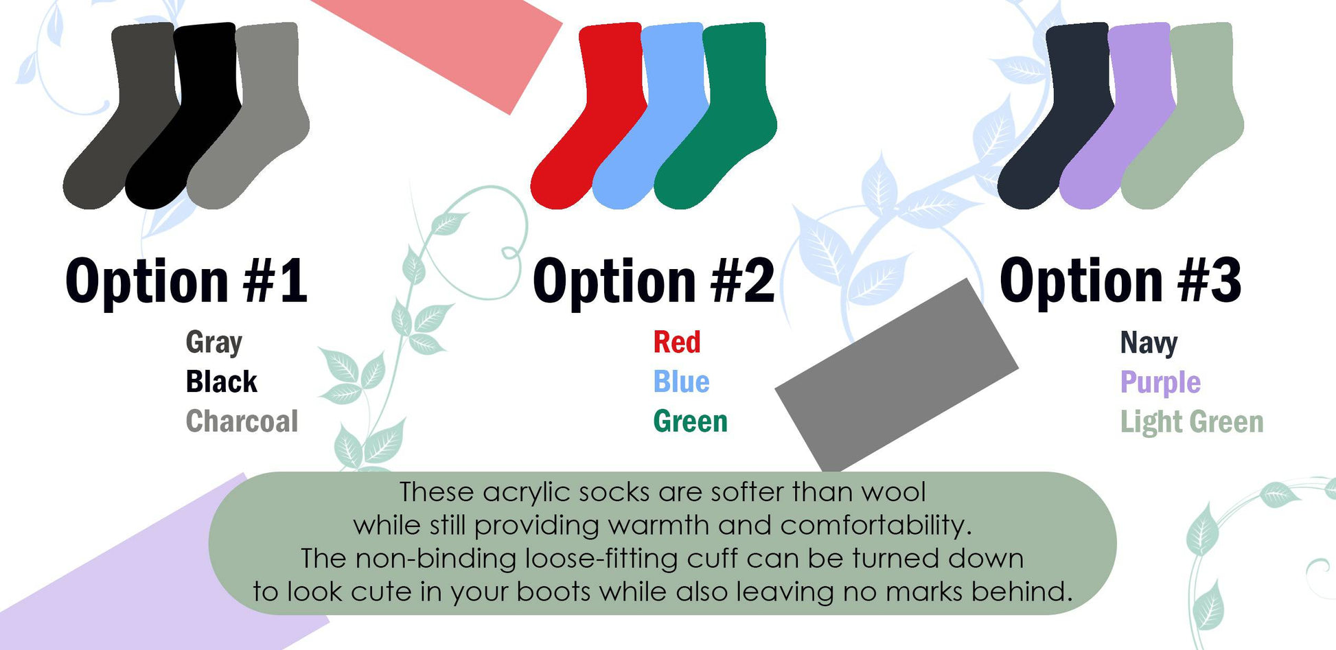 Solid Color Ribbed Crew Turn cuff Soft Acrylic Socks 3 Pair Pack Socks W300616