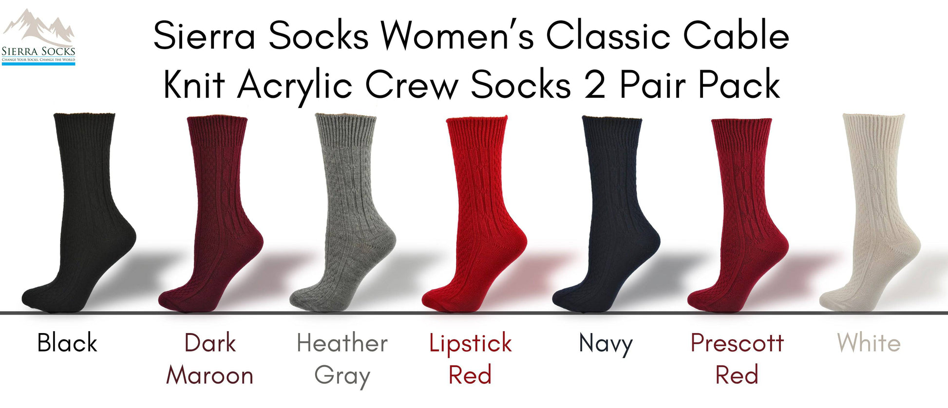 Classic Cable Knit Acrylic Crew Socks 2 pair pack