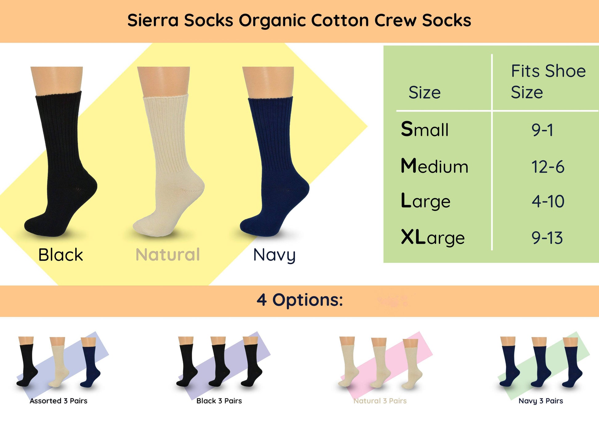 Organic Cotton Midweight Outdoor Unisex Athletic Crew Socks 3 Pair Pack W2100