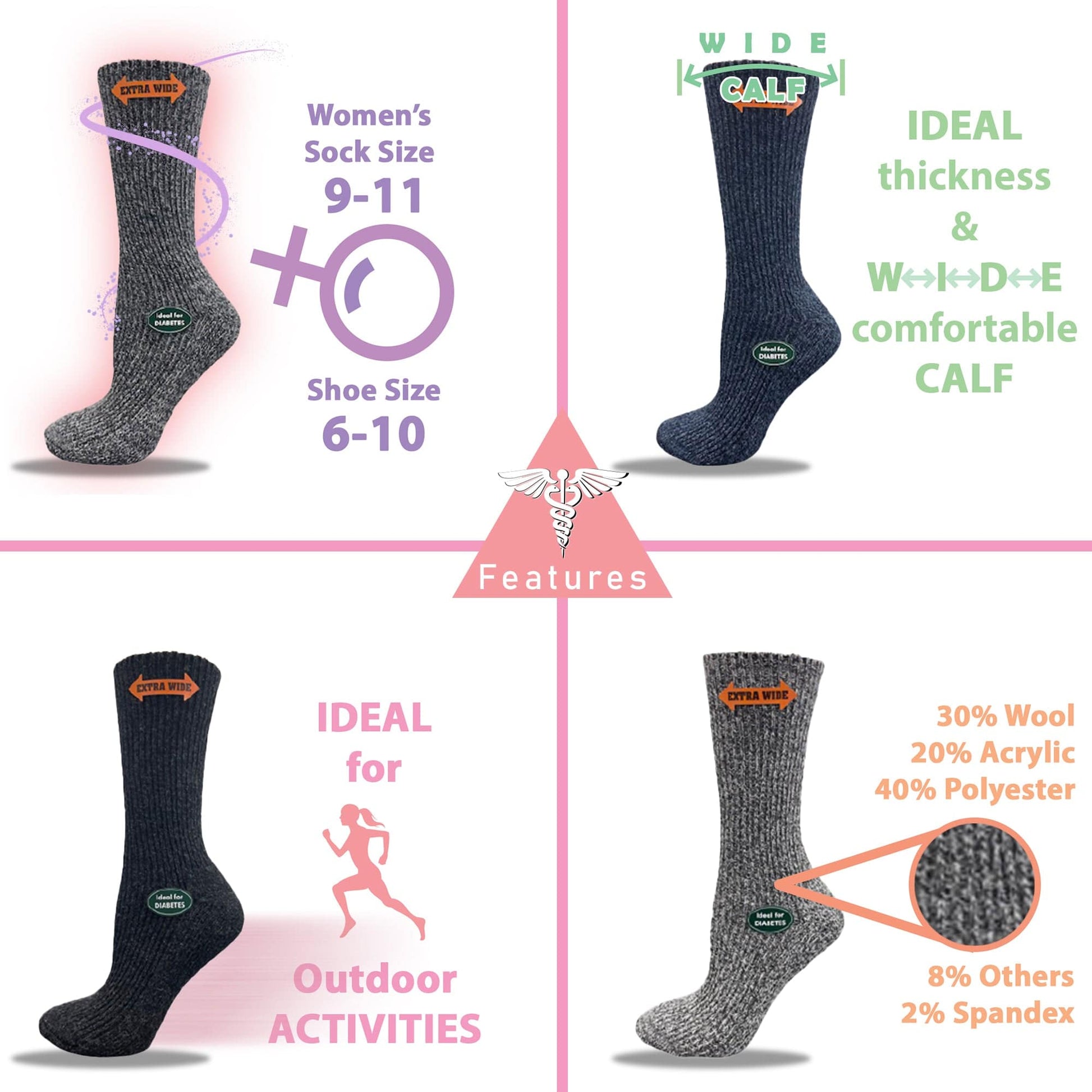 Regenerated Wool Diabetic Outdoor Hiking Extra Wide Calf Women Socks
