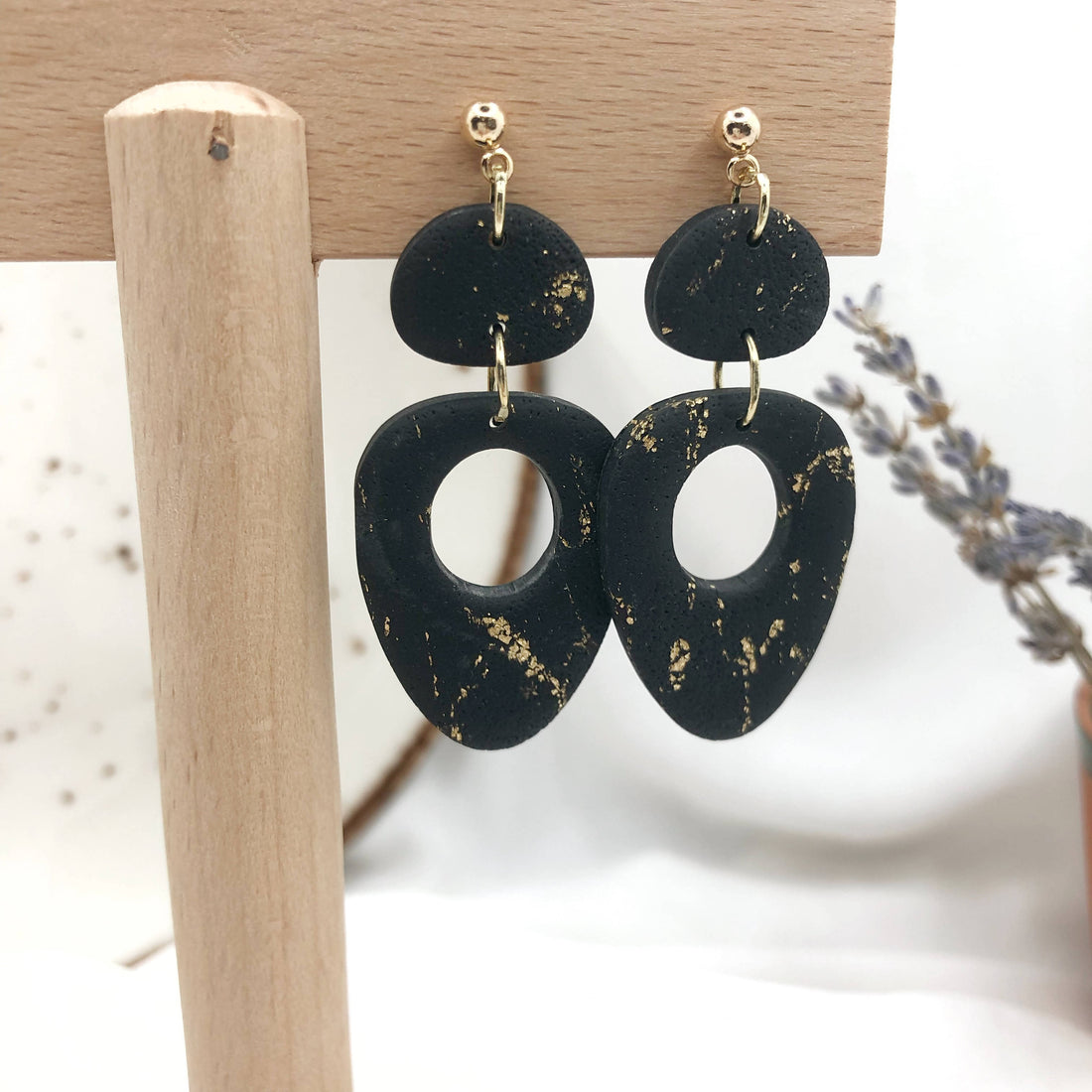 Black with Gold Handmade Polymer Clay Earrings - Anti Allergic Earbacks - Wear Sierra