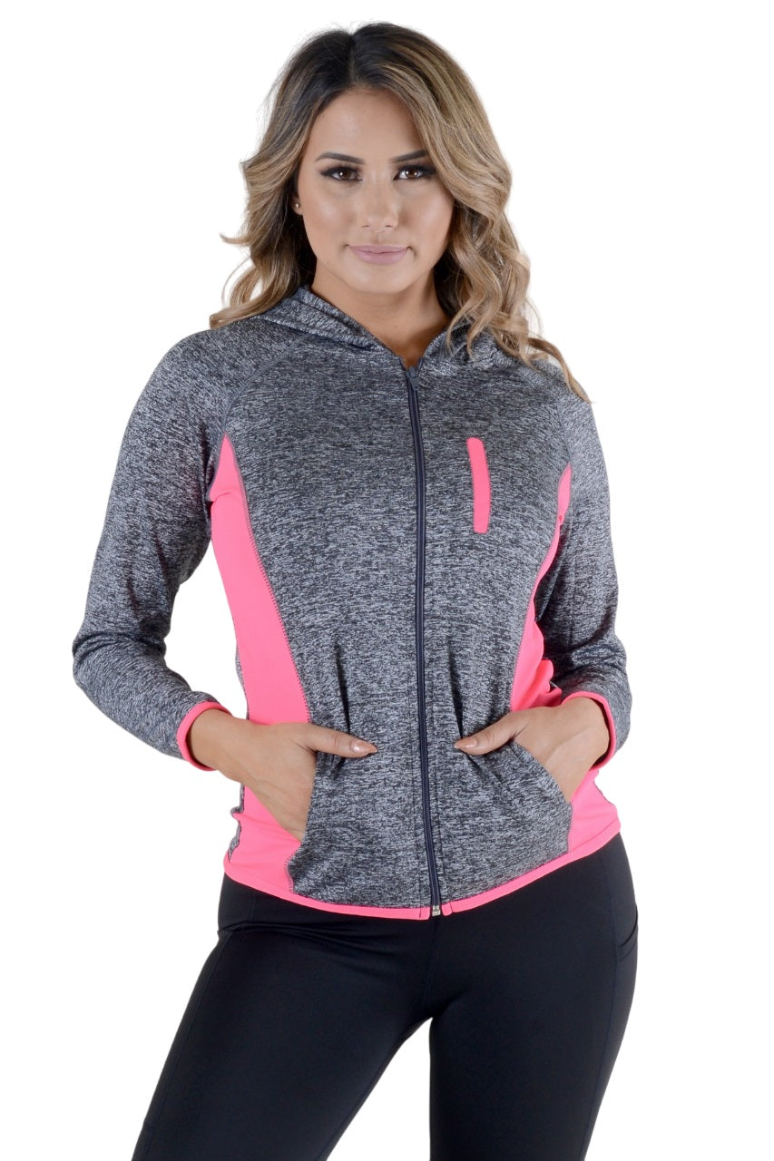 Women's Activewear Jacket, Full Zip Up Hoodie, Long Sleeve Workout Wear, Marled Knit Design - Wear Sierra