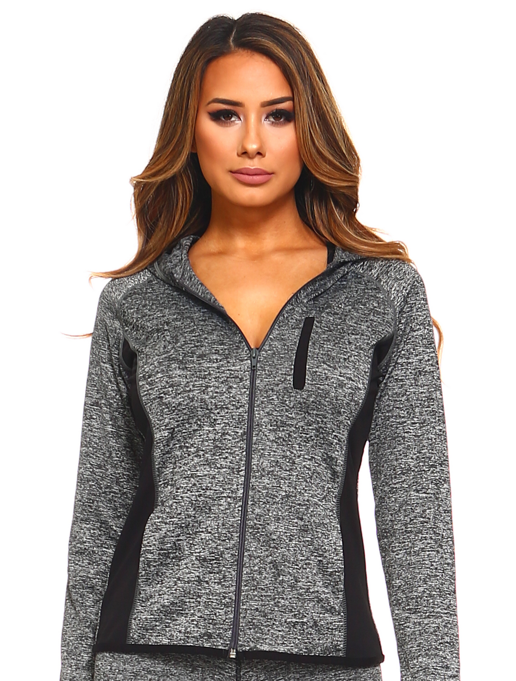 Women's Activewear Jacket, Full Zip Up Hoodie, Long Sleeve Workout Wear, Marled Knit Design - Wear Sierra