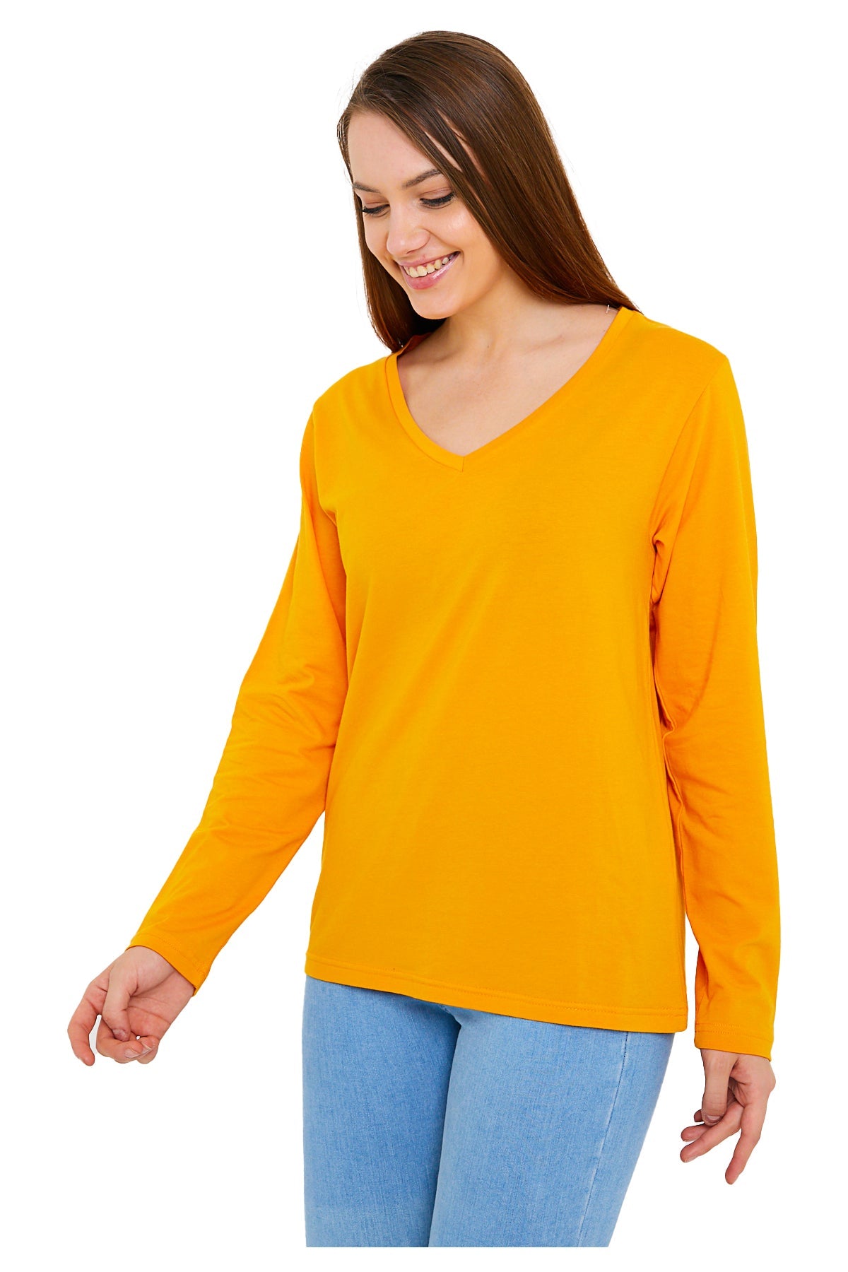 Women's V-Neck Long Sleeve Butter Scotch T-Shirts