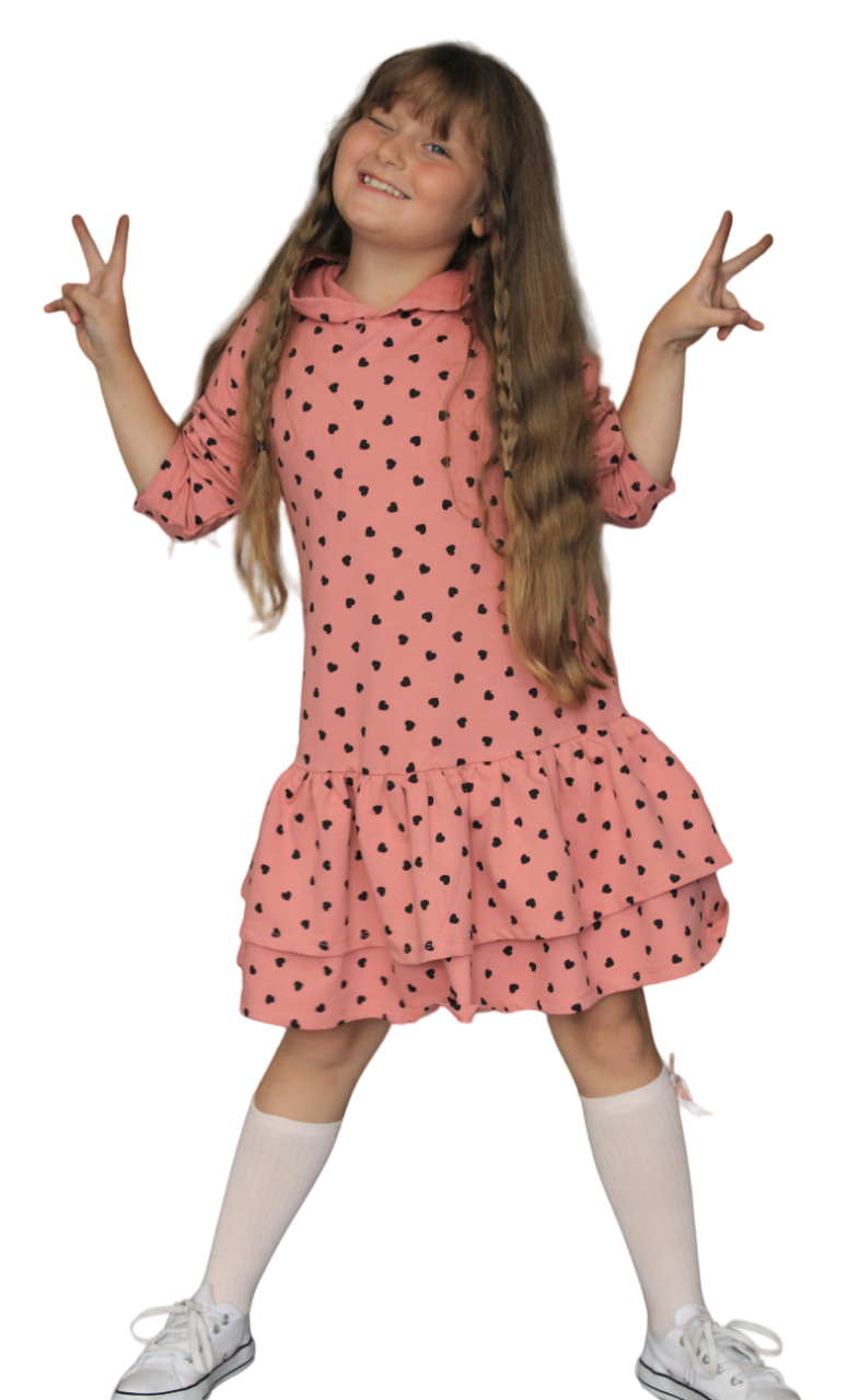 Heart Print Hoodie Ruffled Dress, Girl's Fun Dress, Girl's Comfortable Dress - Wear Sierra