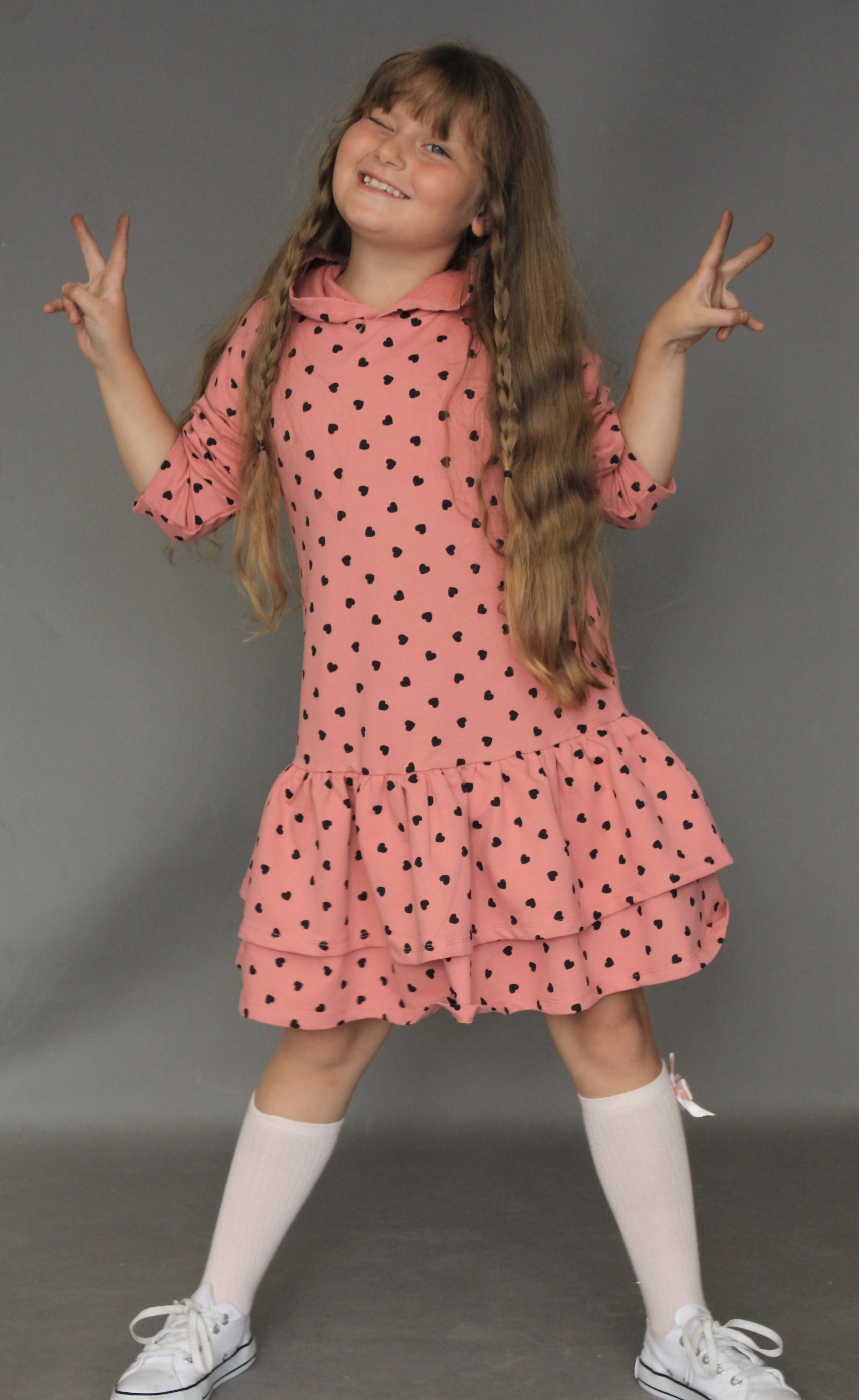 Heart Print Hoodie Ruffled Dress, Girl's Fun Dress, Girl's Comfortable Dress - Wear Sierra