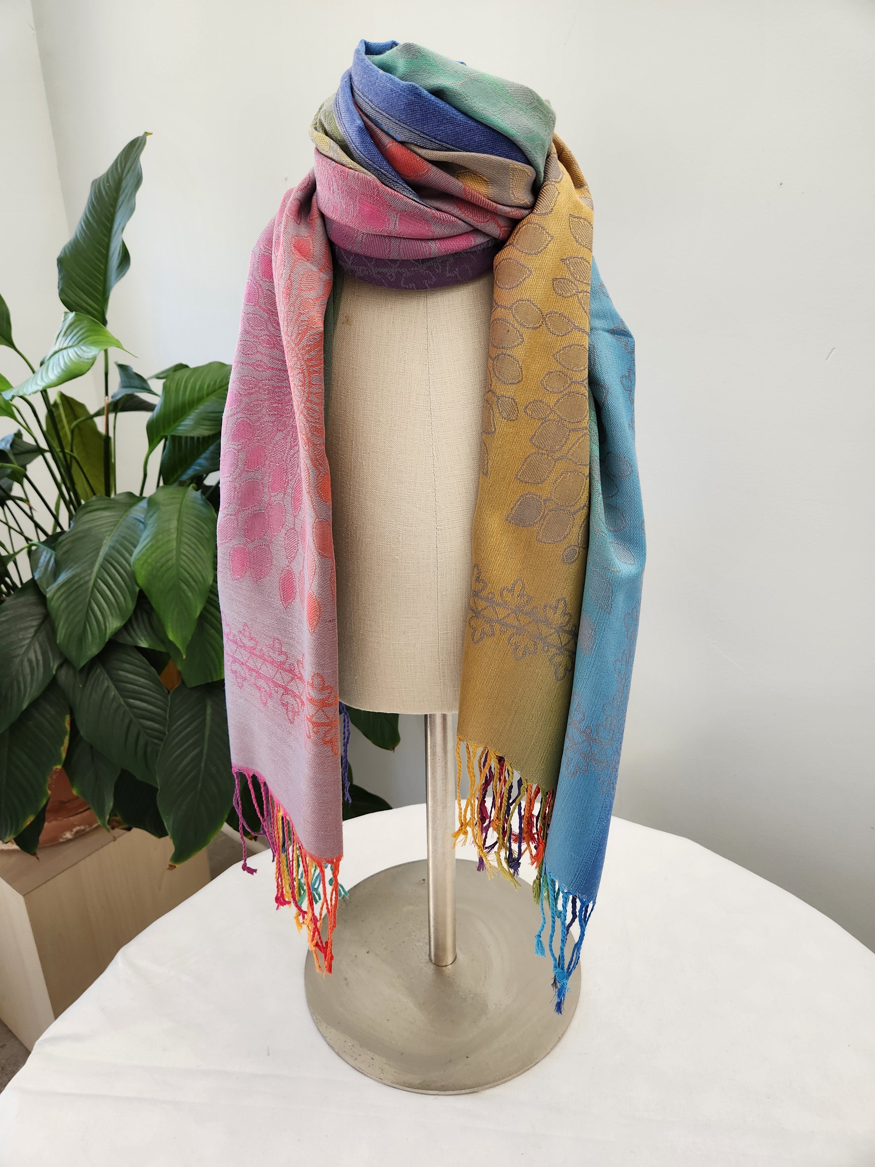 Aztec Design Shawl, Lightweight Rainbow Colors Jewel - Tones, Beach or Lake Cover Up Scarf, Oversized Scarf, Gifts for Moms and Daughter - Wear Sierra