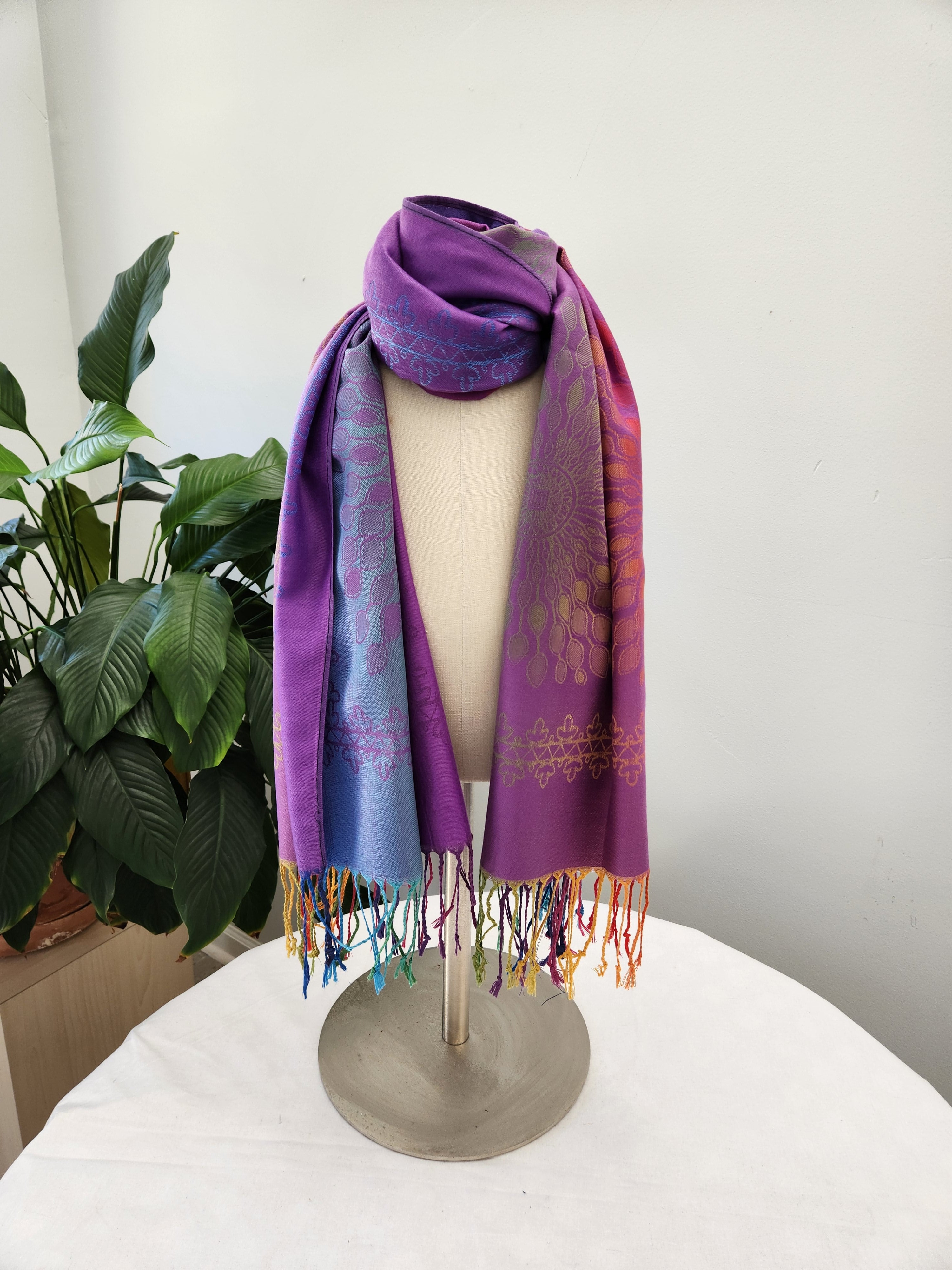 Aztec Design Shawl, Lightweight Rainbow Colors Jewel - Tones, Beach or Lake Cover Up Scarf, Oversized Scarf, Gifts for Moms and Daughter - Wear Sierra