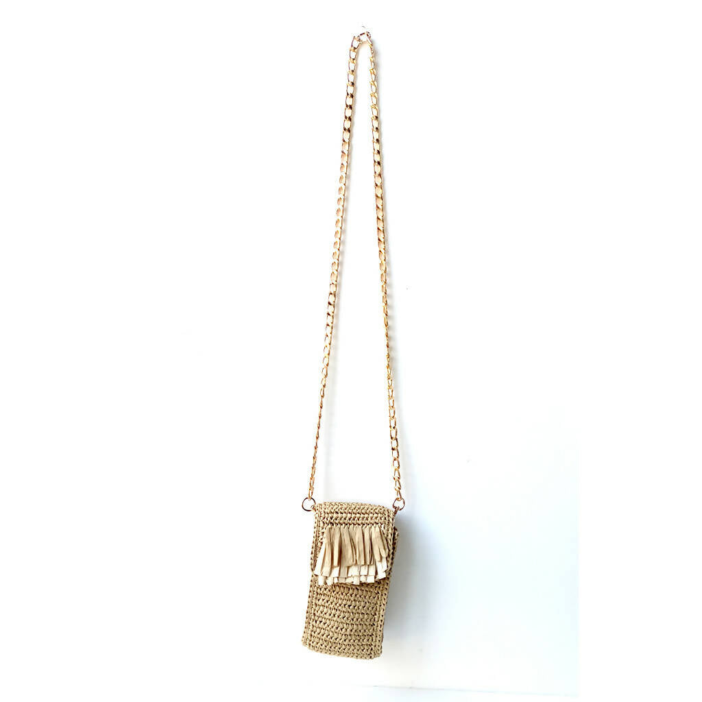 Women's Cell Phone Pouch, Cross-Shoulder Bag with Chain Strap in Natural Paper Yarn - Wear Sierra
