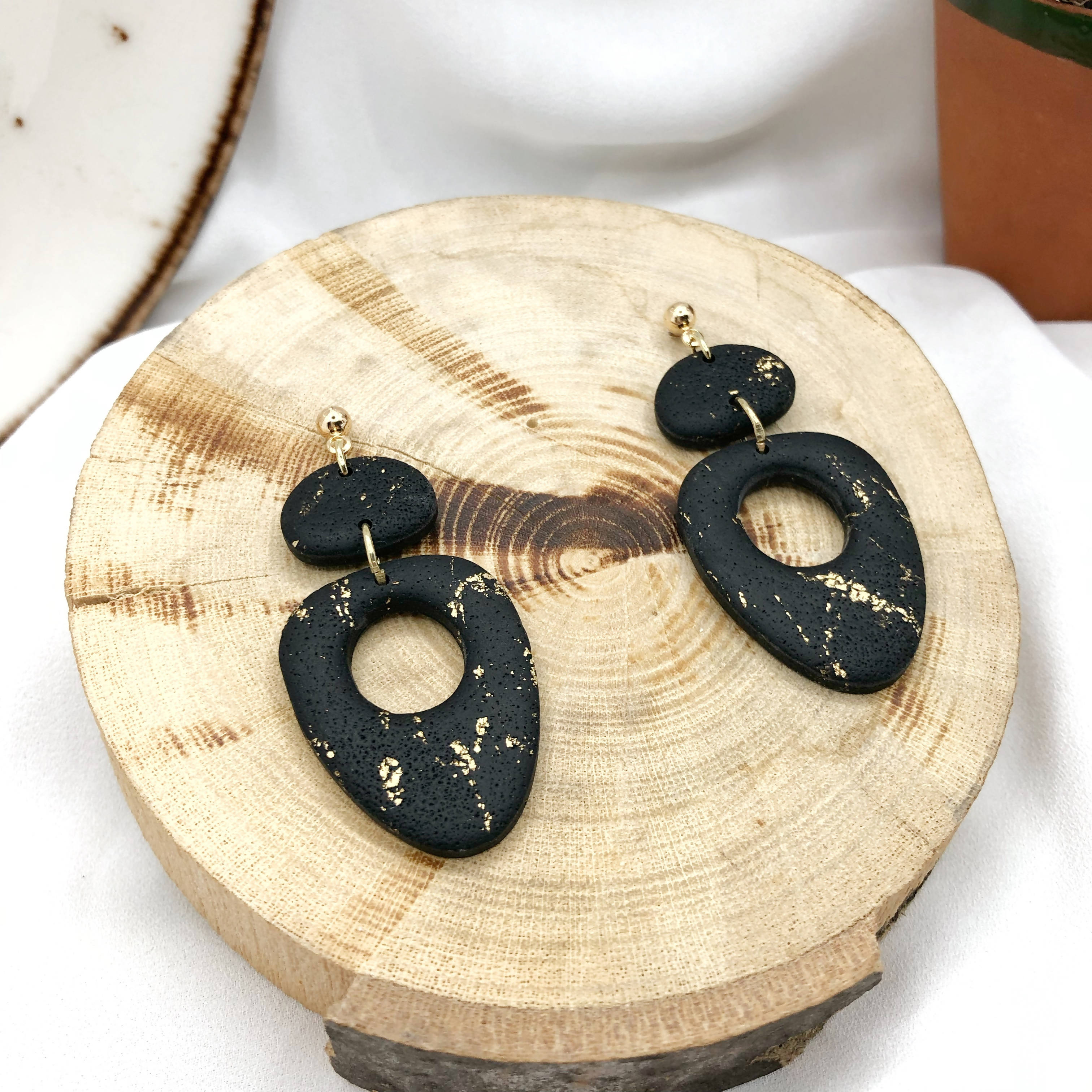 Black with Gold Handmade Polymer Clay Earrings - Anti Allergic Earbacks - Wear Sierra