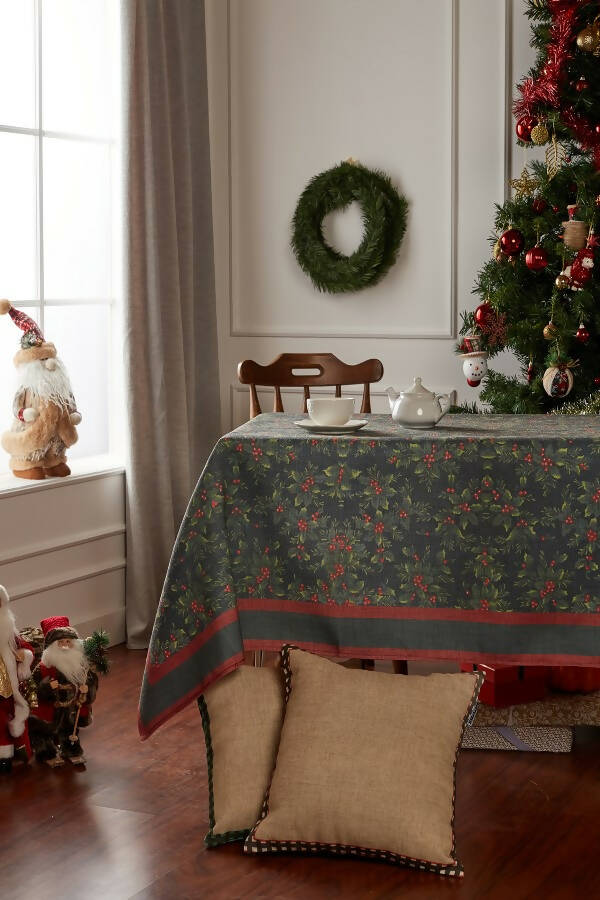 Holly Bundle and Berries Holiday Pattern Linen-Like Table Cloth, 54"W x 84"L - Wear Sierra