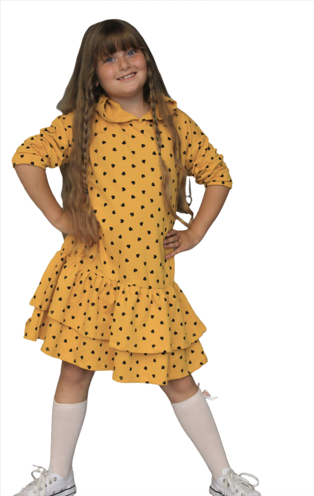 Heart Print Hoodie Ruffled Dress, Girl's Fun Dress, Girl's Comfortable Dress - Wear Sierra