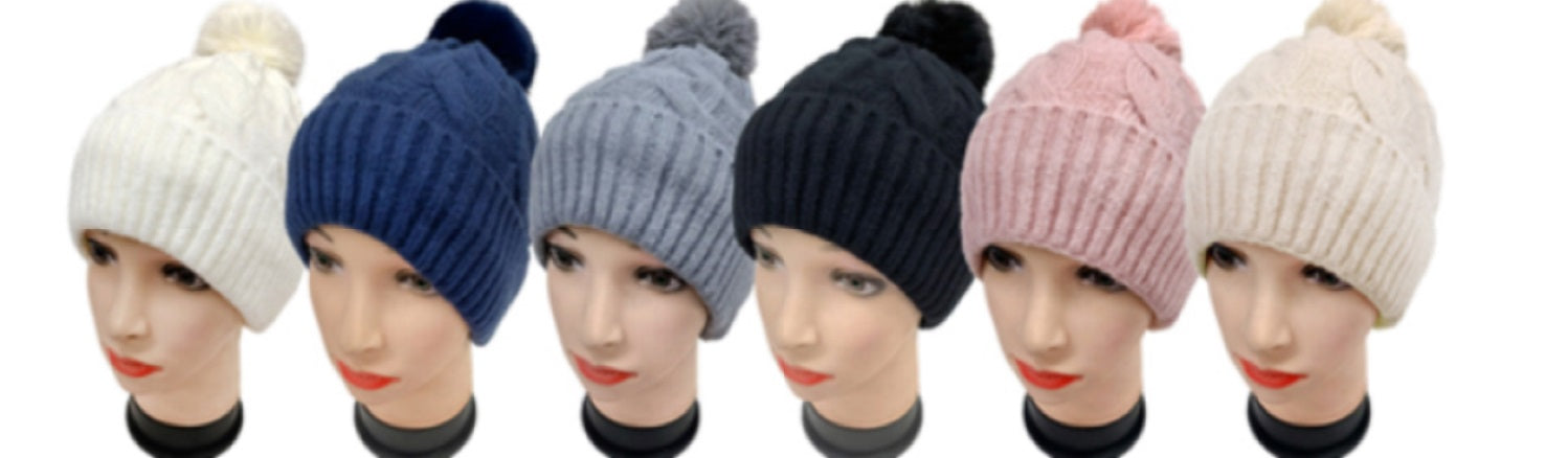 Fur Lining Hats With Pom Pom Beanie Women's Big Girls Cable Design Hats - Wear Sierra