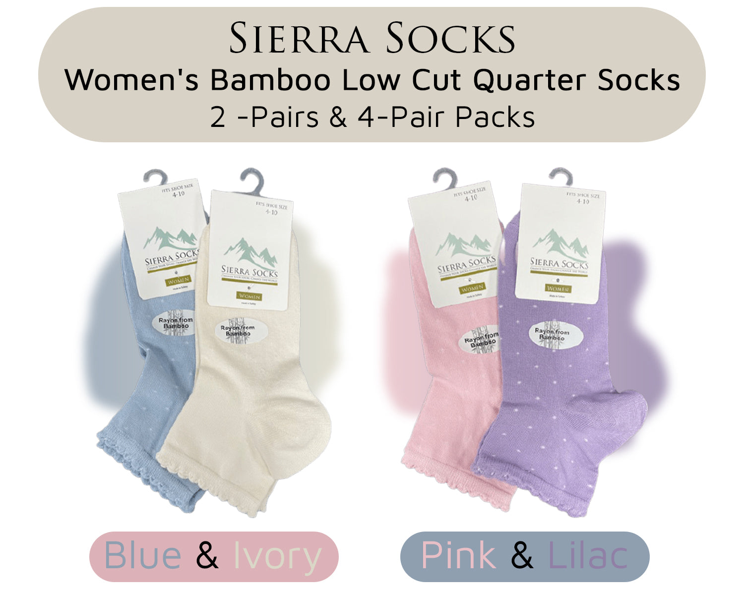 Women's Bamboo Low Cut Quarter 2 -Pair & 4-Pair Pack Picot Scalloped Edge Socks