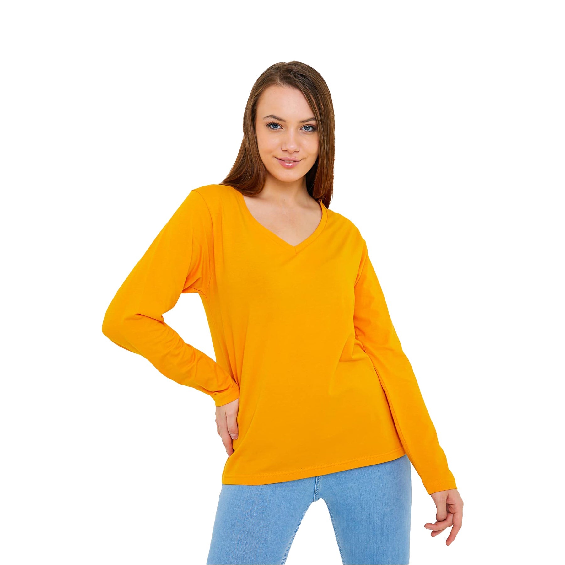 Woman in mustard V-neck shirt