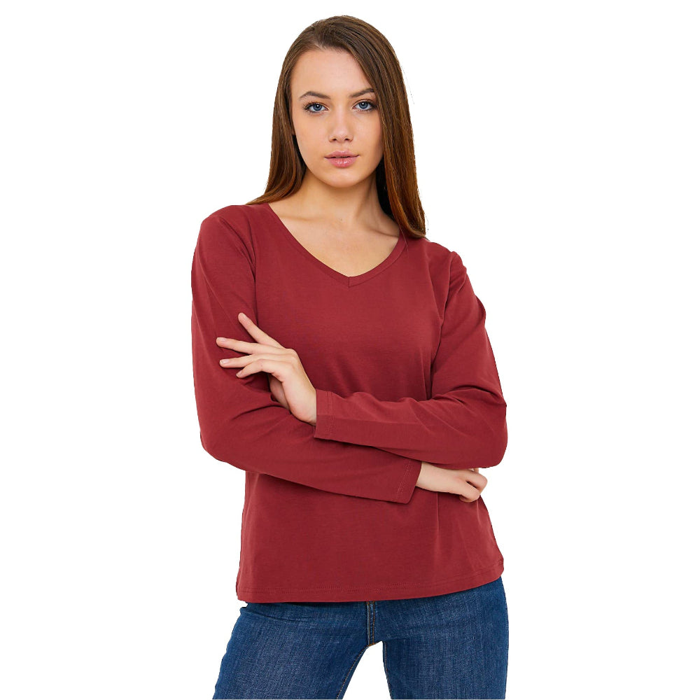 Woman in maroon V-neck shirt.