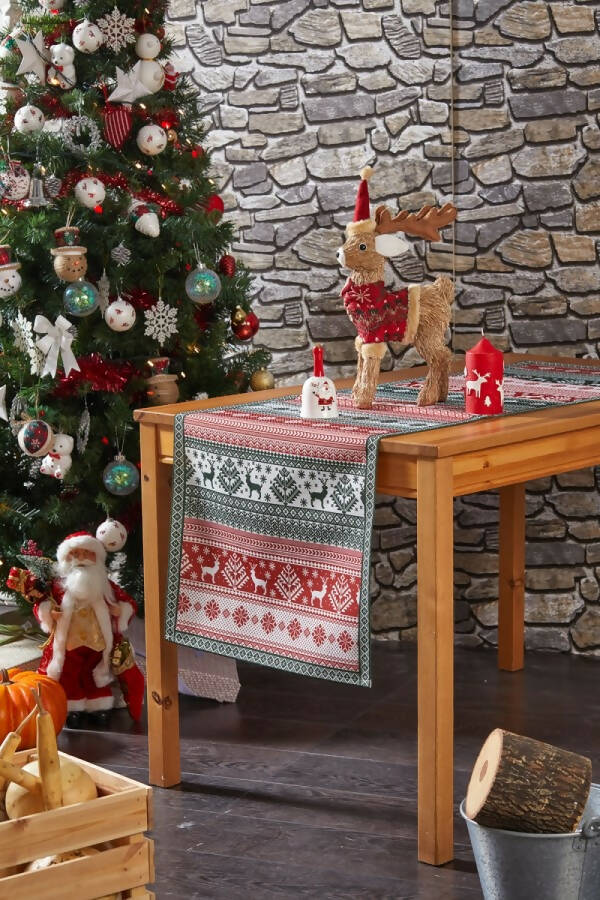 Christmas Deer Table Runner in Festive Red and Green Pattern - Wear Sierra