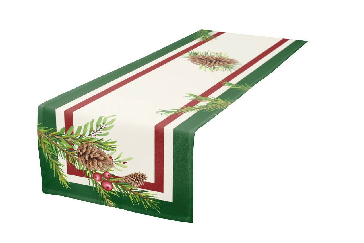 Christmas Table Runner in Classic Red & Green Pinecone Greenery Design - Wear Sierra