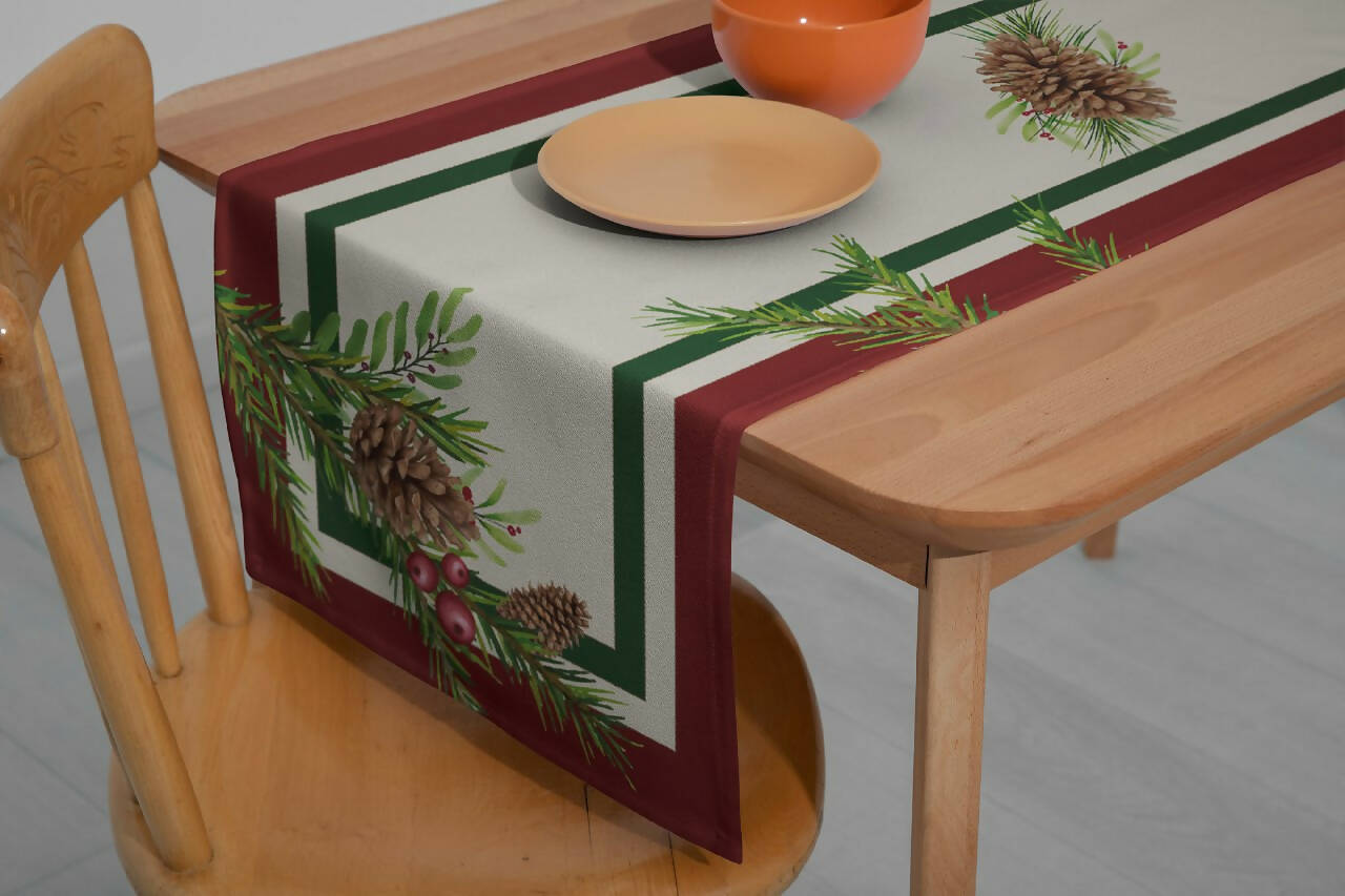 Christmas Table Runner in Classic Red & Green Pinecone Greenery Design - Wear Sierra