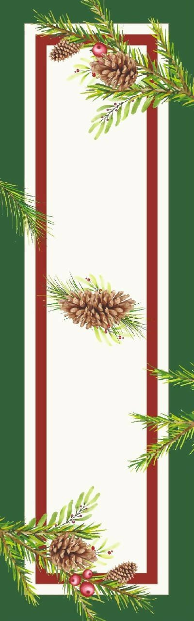 Christmas Table Runner in Classic Red & Green Pinecone Greenery Design - Wear Sierra