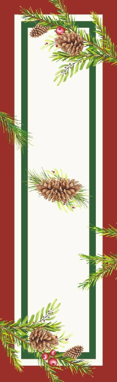 Christmas Table Runner in Classic Red & Green Pinecone Greenery Design - Wear Sierra