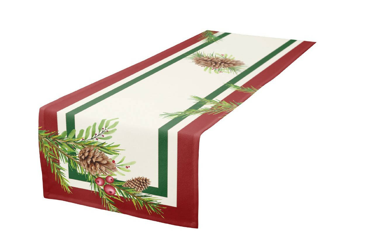 Christmas Table Runner in Classic Red & Green Pinecone Greenery Design - Wear Sierra