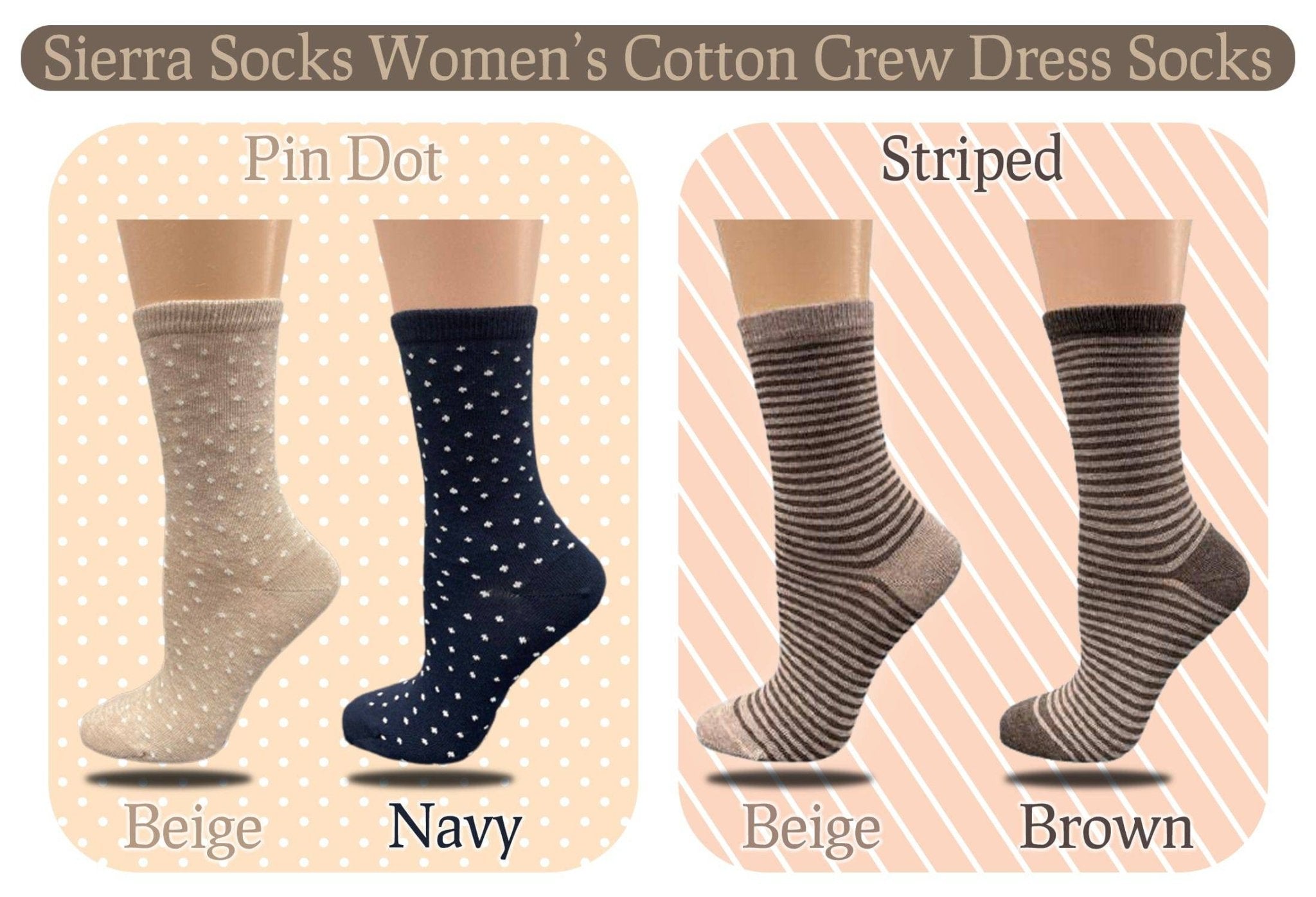 Cotton Crew Pen Striped or Pen Dot Dress Socks for Women, Dressy Casual Cute Socks - Wear Sierra