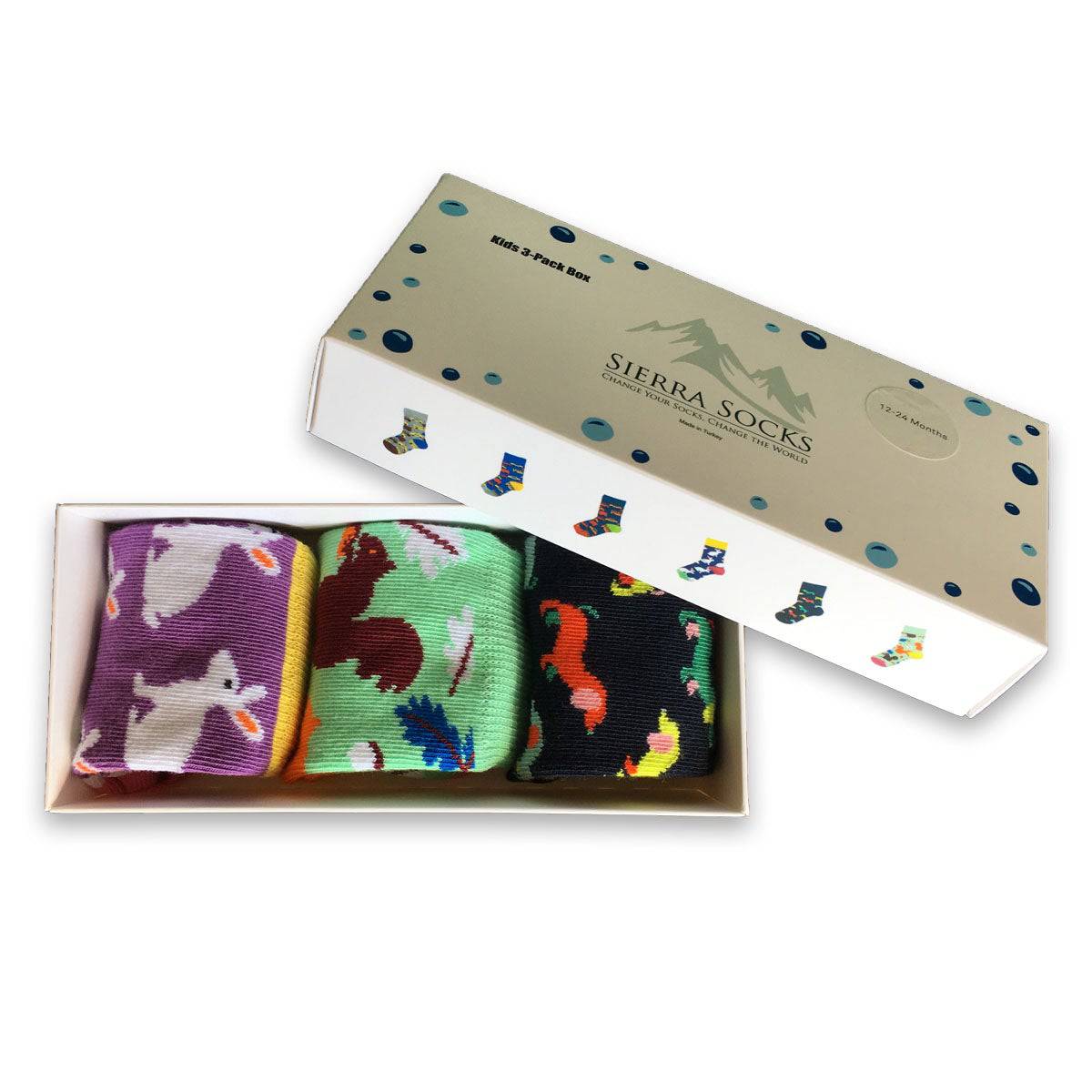 Cute and Colorful Socks for Toddler Boys and Girls, Combed Cotton Crew Socks - 3 Pair Pack in Gift Box - Wear Sierra