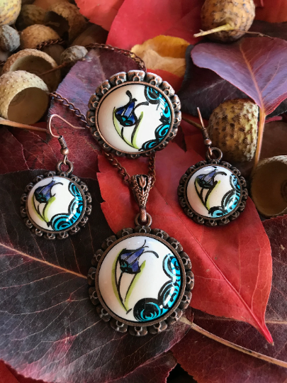 Hand Painted Jewelry - Ceramic Jewelry Set - Flower Printed  Earrings - Wear Sierra