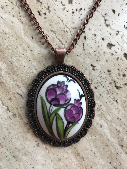 Oval Shaped Pendant - Floral Printed Locket - Red & Purple Tulip Pendant - Wear Sierra