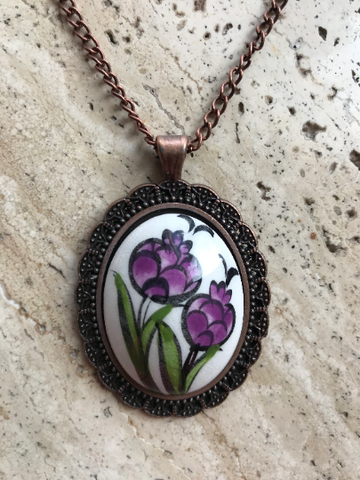 Oval Shaped Pendant - Floral Printed Locket - Red & Purple Tulip Pendant - Wear Sierra