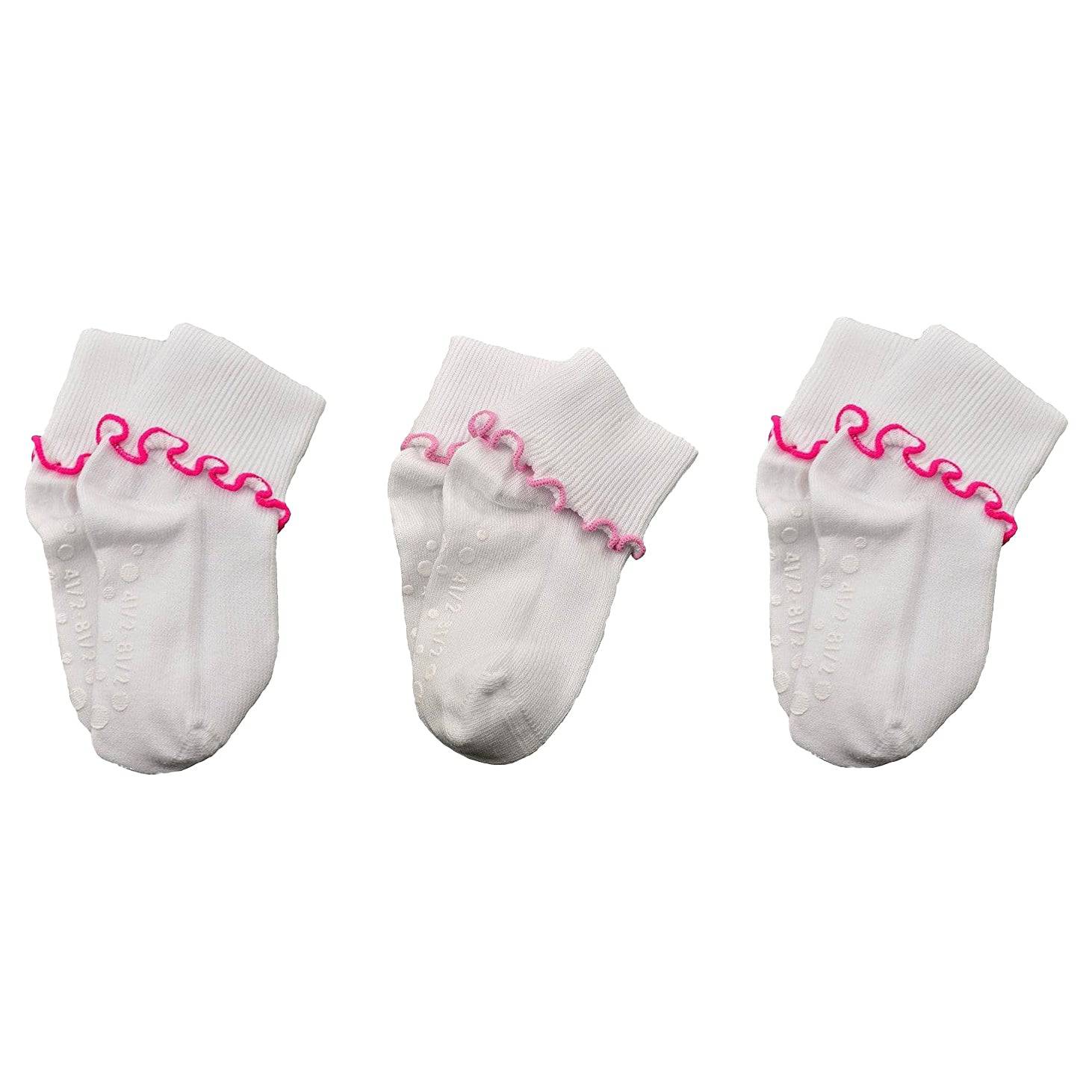 Girls Non-Skid Seamless Toe Socks - 3-Pair Pack Cotton Ruffle Edge Socks - Wear Sierra