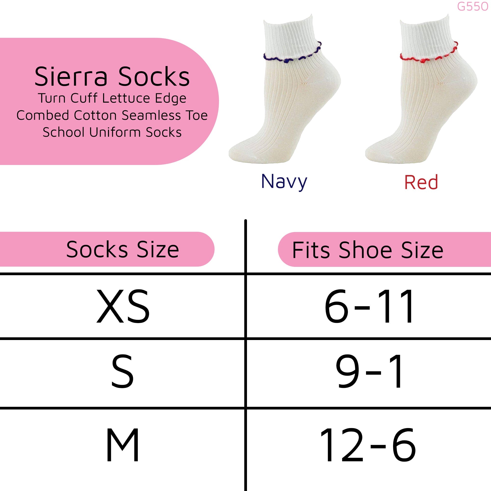 Girl's Turn Cuff Lettuce Edge Socks in Combed Cotton for School Uniform or Dress Up - Wear Sierra