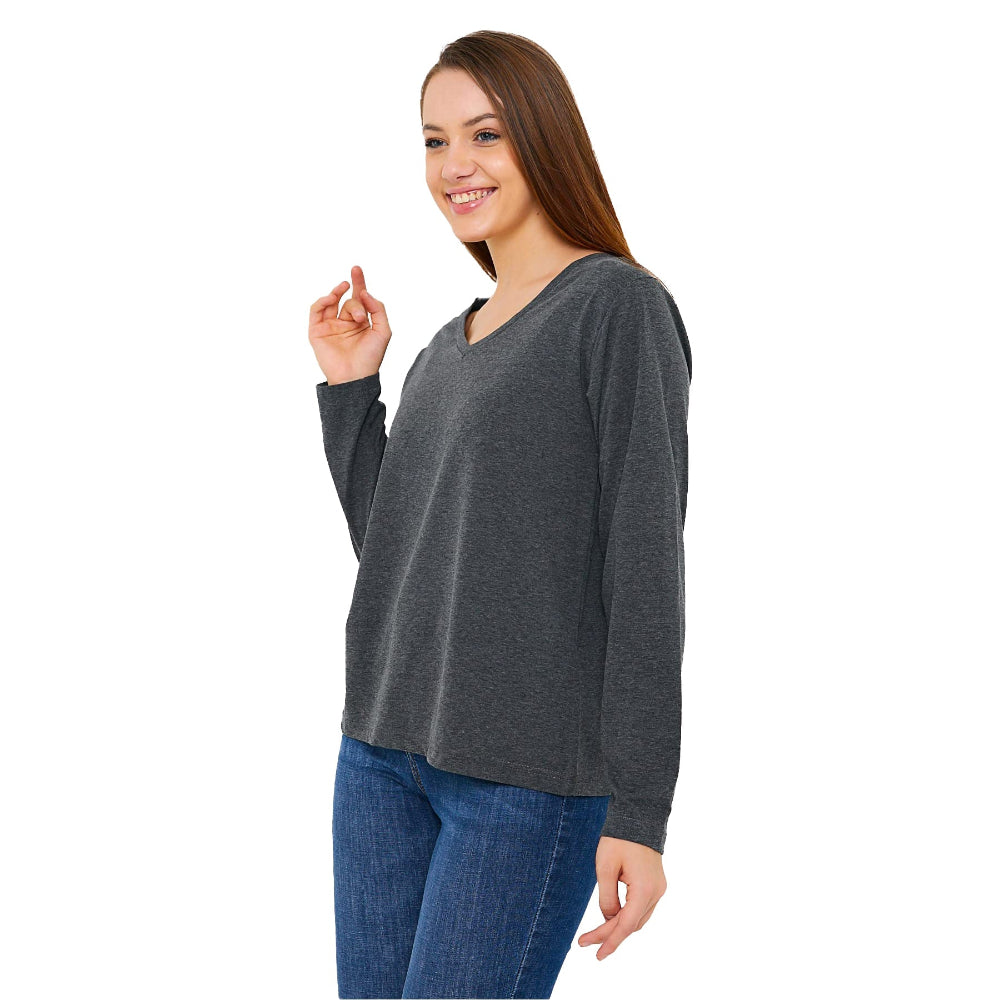 Woman in dark grey V-neck long-sleeve shirt. 
