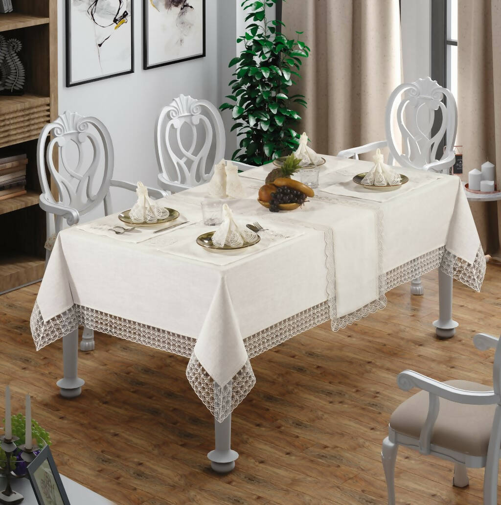 Lace Tablecloth for Wedding Gift or Anniversary, Family Gatherings, or Housewarming Gift, 26-Piece Farmhouse Style Set - Wear Sierra