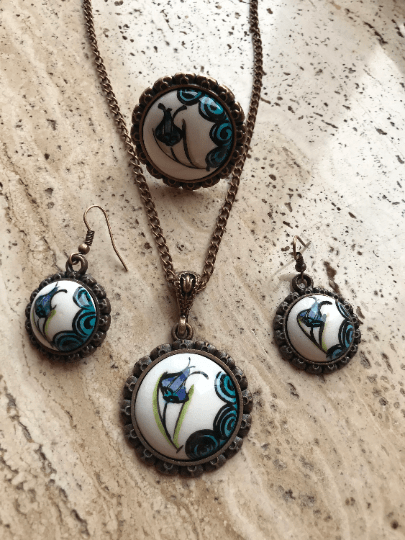 Hand Crafted Jewelry - Ceramic Jewelry Set - Flower Printed Earrings - Wear Sierra