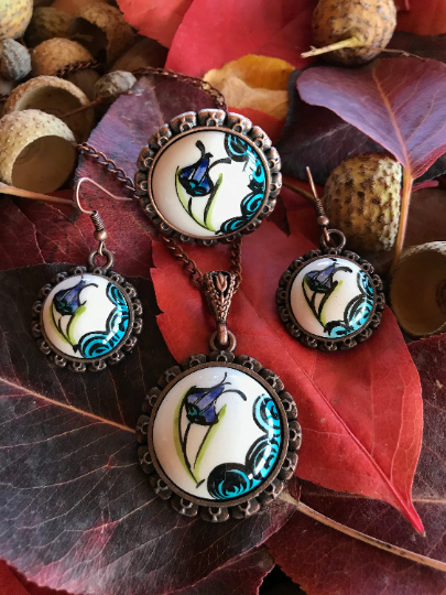 Hand Crafted Jewelry - Ceramic Jewelry Set - Flower Printed Earrings - Wear Sierra