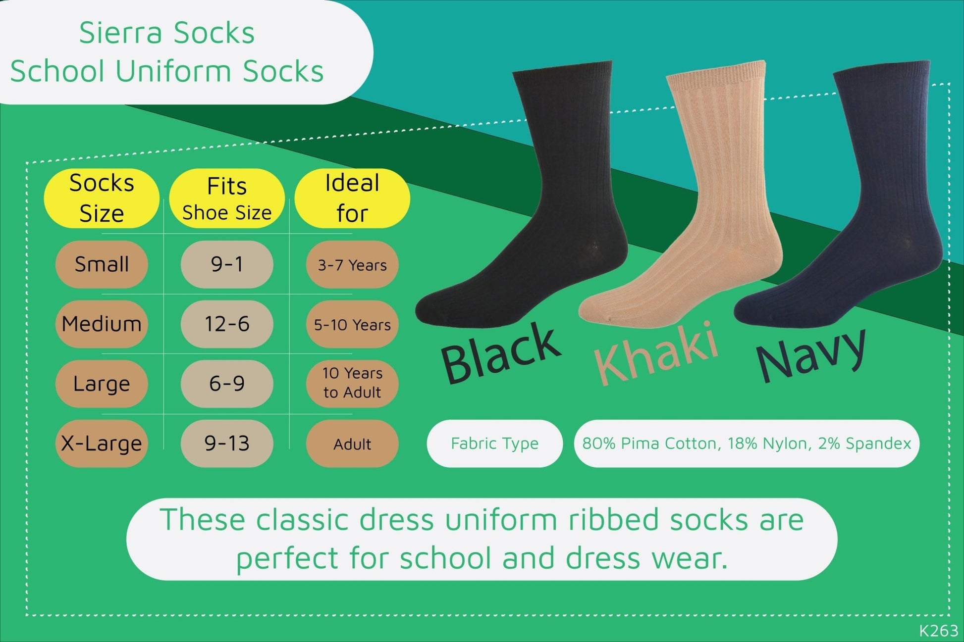 Kid's, Teen's and Adult Size Crew Socks - Soft Pima Cotton Classic Dress Uniform Ribbed 3-Pair Packs - Wear Sierra
