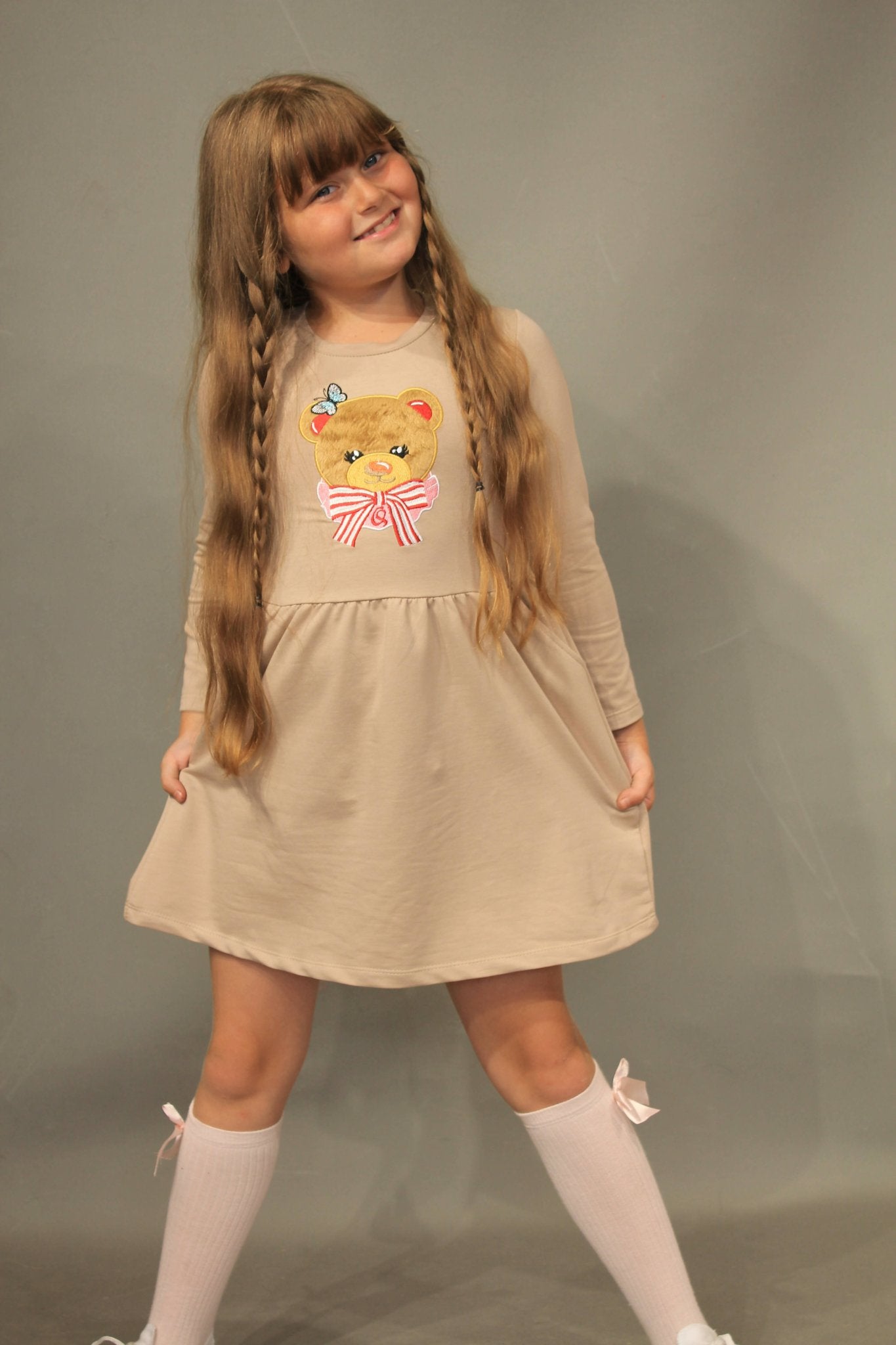 Long Sleeve Girl's Dress with Soft Fur Bear Applique - Dress with Pockets - Wear Sierra