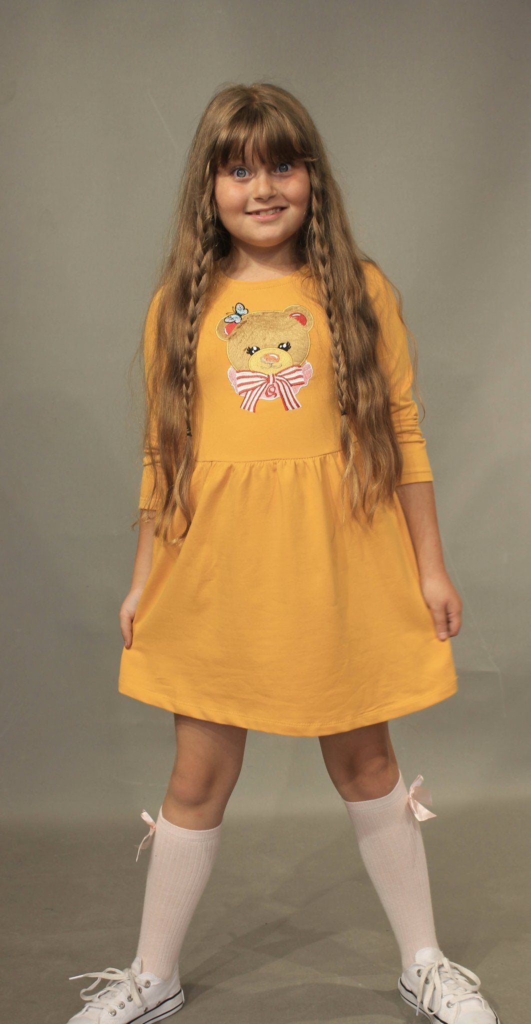 Long Sleeve Girl's Dress with Soft Fur Bear Applique - Dress with Pockets - Wear Sierra