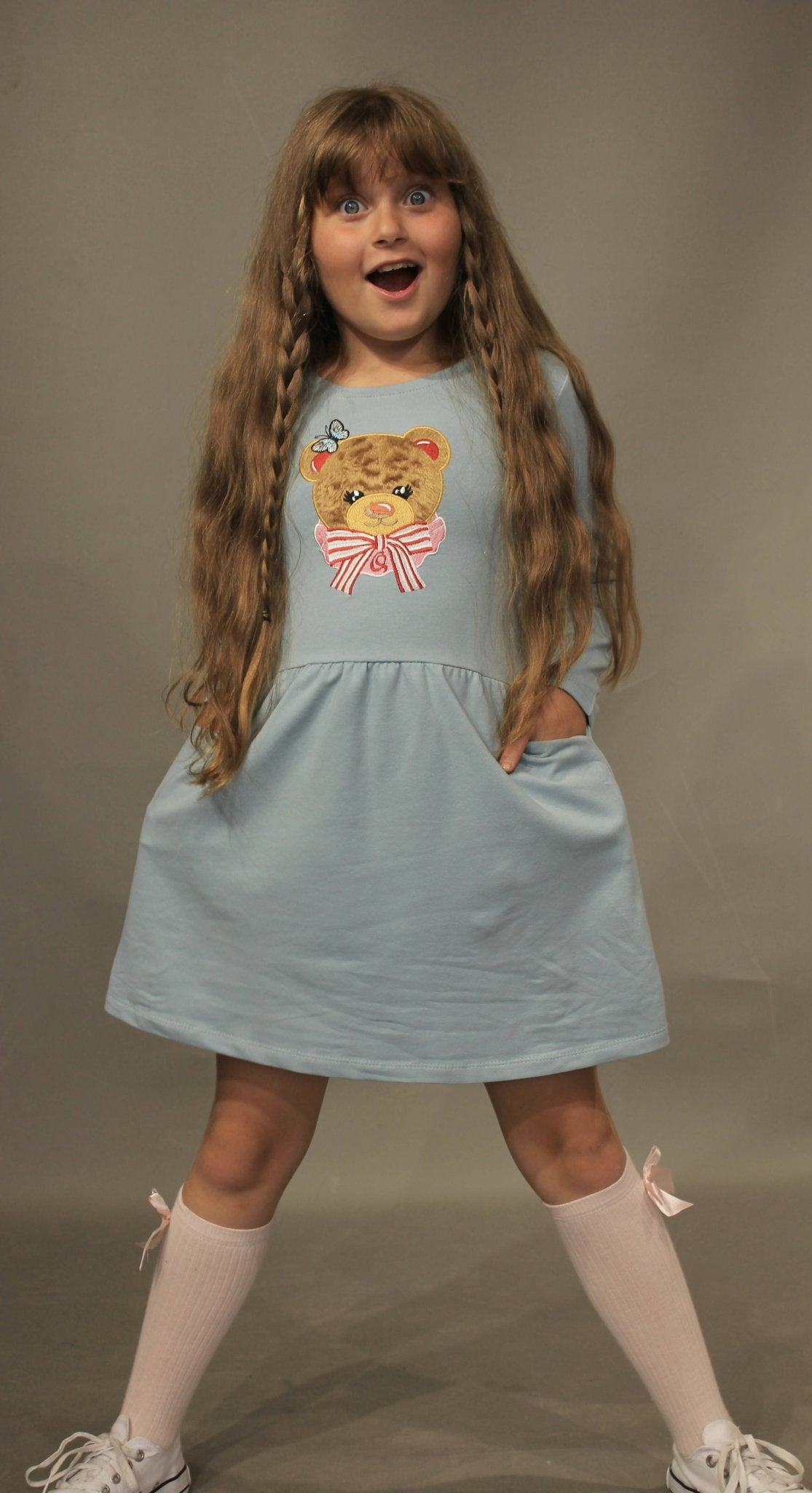 Long Sleeve Girl's Dress with Soft Fur Bear Applique - Dress with Pockets - Wear Sierra