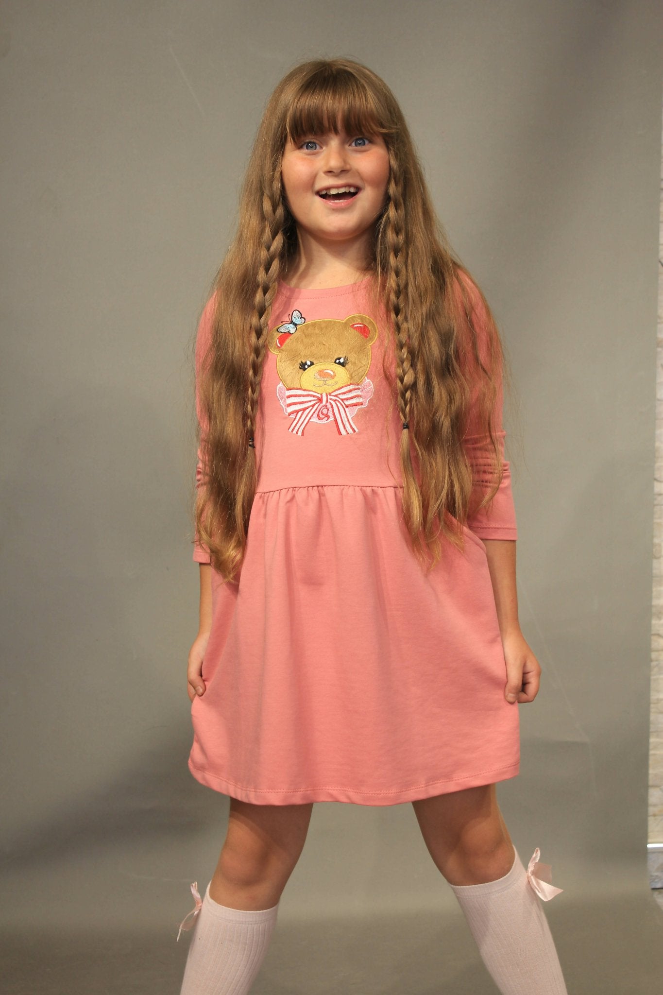 Long Sleeve Girl's Dress with Soft Fur Bear Applique - Dress with Pockets - Wear Sierra
