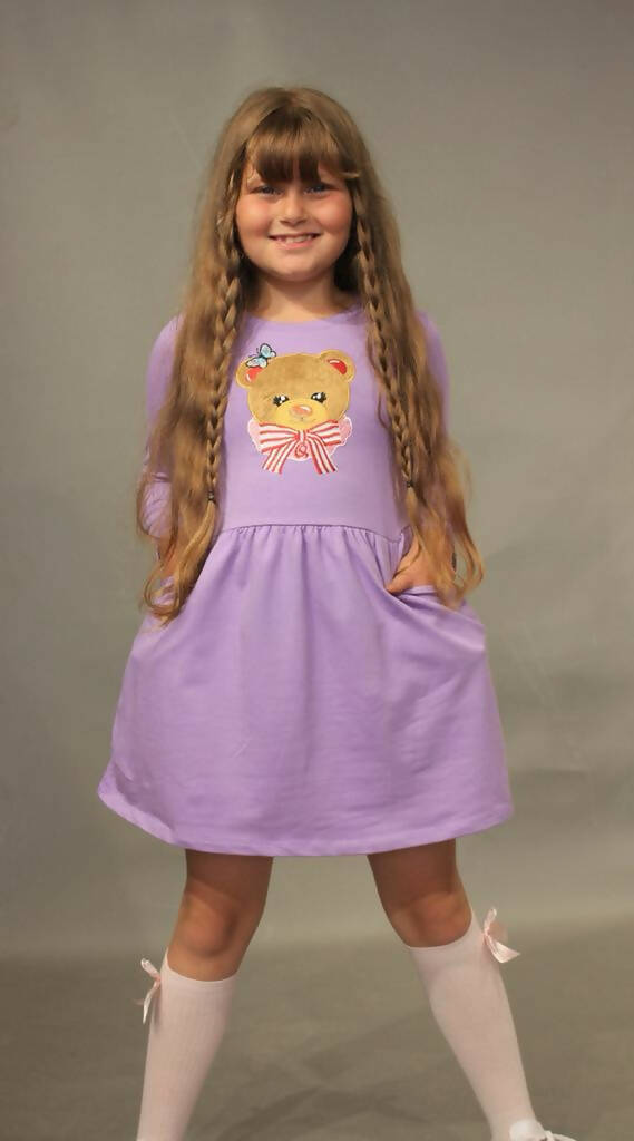Long Sleeve Girl's Dress with Soft Fur Bear Applique - Dress with Pockets - Wear Sierra