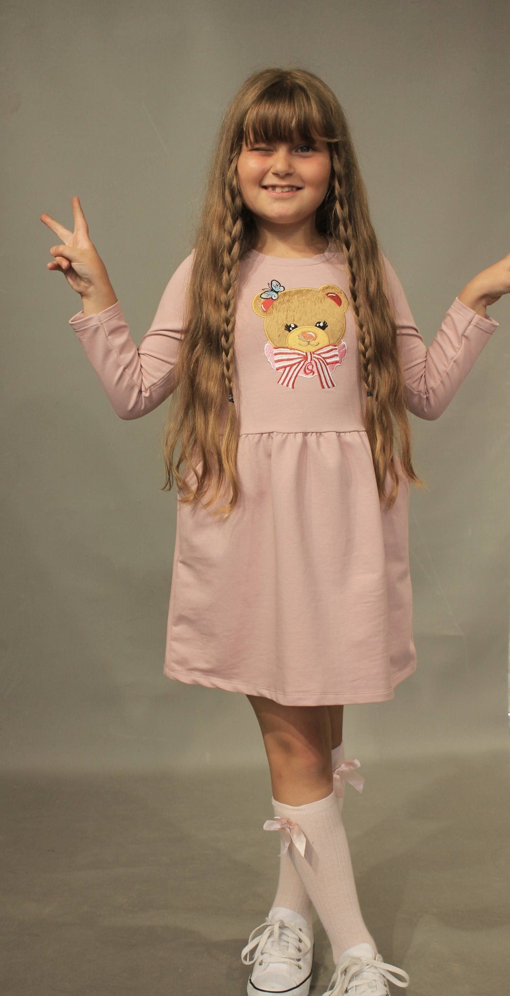 Long Sleeve Girl's Dress with Soft Fur Bear Applique - Dress with Pockets - Wear Sierra