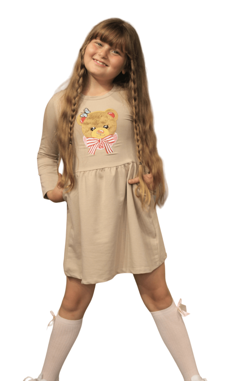 Long Sleeve Girl's Dress with Soft Fur Bear Applique - Dress with Pockets - Wear Sierra